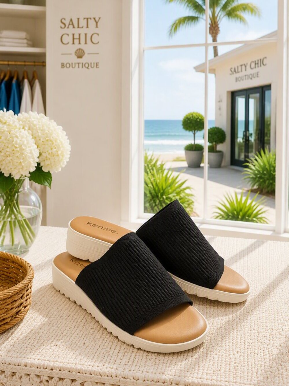 Kensie Black Knit Slide Sandals with Tan Footbed and White Platform 8